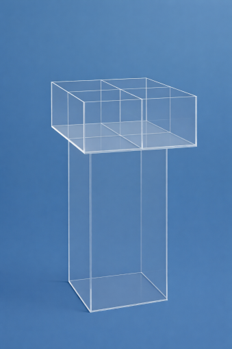 Промоционален плексигласов стелаж дисплей с 4 отделения – прозрачна основа