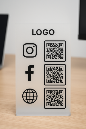 ПЛЕКСИГЛАСОВА СТОЙКА С QR КОДОВЕ И ЛОГО – ЕЛЕГАНТЕН ДИЗАЙН ЗА ВАШИЯ БИЗНЕС