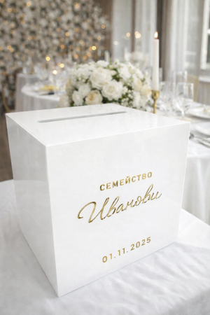 Бяла сватбена кутия за пликове и подаръци – персонализирана