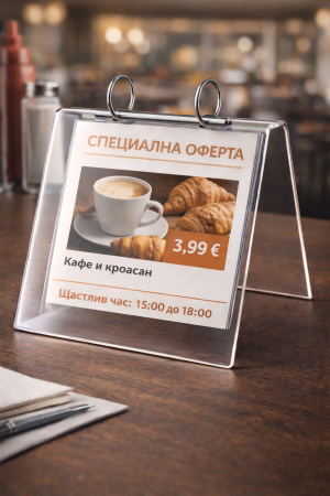 Настолна плексигласова стойка с рингове за промоции и информация