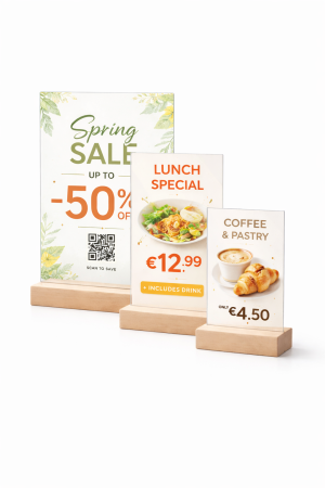 Плексигласова стойка за цени и оферти с дървена основа